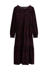 Robe à manches longues, à volants, de couleur violet foncé avec un imprimé léopard noir. Tissu doux, décolleté rond et poignets élastiqués.