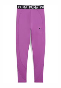 Puma leggings i lys lilla med en sort logo i taljen. Designet inkluderer buede sømme og en tætsiddende form.