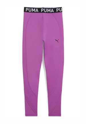 Leggings Puma de couleur violet vif, avec une taille élastique ornée d'un logo noir. Le design comprend des coutures courbes et une coupe ajustée.