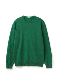 Zelený svetr s dlouhými rukávy a kulatým výstřihem, s žebrovanými manžetami a lemem, položený na bílém pozadí.