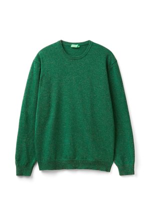 Suéter verde de manga larga con cuello redondo, con puños y dobladillo acanalados, mostrado plano sobre un fondo blanco.