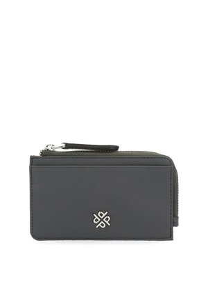 Gray leather wallet featuring a zip closure, front slot, and a silver logo detail. Compact rectangular shape with smooth texture.