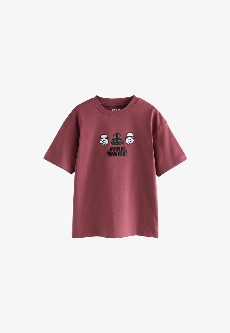 T-shirt bordeaux à manches courtes Star Wars avec casques de Stormtrooper brodés, masque de Dark Vador et logo Star Wars sur le devant.