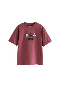 Bordeauxrotes Baumwoll-T-Shirt mit kurzen Ärmeln, mit gestickten Charakteren: einem Stormtrooper und Darth Vader, über dem Text "STAR WARS".