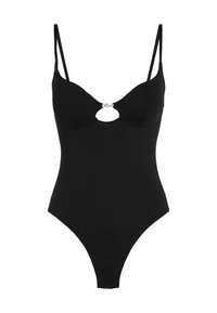 Juoda bodi su reguliuojamomis petnešomis, turinti priekinį išpjovą ir subtilų prekės ženklą. Pagaminta iš sklandaus audinio su prigludusia konstrukcija.