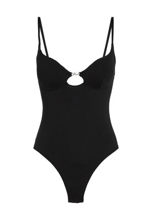 Juoda bodi su reguliuojamomis petnešomis, turinti priekinį išpjovą ir subtilų prekės ženklą. Pagaminta iš sklandaus audinio su prigludusia konstrukcija.