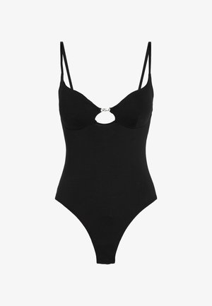 Juoda bodi su reguliuojamomis petnešomis, turinti priekinį išpjovą ir subtilų prekės ženklą. Pagaminta iš sklandaus audinio su prigludusia konstrukcija.