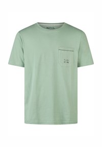 Mint green cotton t-shirt with a crew neck, short sleeves, and a chest pocket featuring embroidered text "P & Co. EST. 1988." Smooth texture.