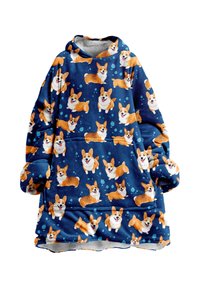 Modrá mikina s kapucňou v oversized strihu, s hravým vzorom corgiov, so svetlomodrými detailami a mäkkou podšívkou. Obsahuje kapucňu a vrecká.