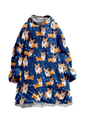 Felpa oversized blu in pile con un vivace motivo di corgi, con accenti azzurri e un morbido rivestimento interno. Include un cappuccio e tasche.