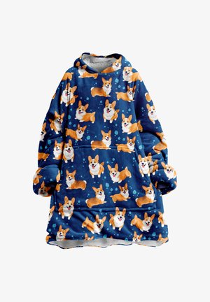 Felpa oversized blu in pile con un vivace motivo di corgi, con accenti azzurri e un morbido rivestimento interno. Include un cappuccio e tasche.