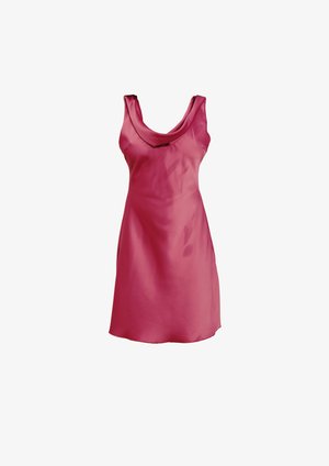 Ärmelloses, dunkelpinkes Satinkleid mit einem drapierten Ausschnitt, oben figurbetont und am Saum leicht ausgestellt.