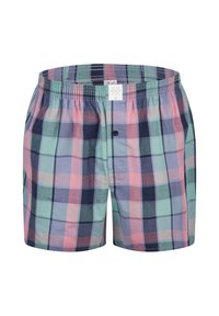 Boxers à motif écossais multicolore dans des teintes de bleu, rose, vert et marine ; taille élastique avec fermeture à bouton.
