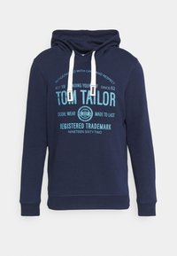 Felpa blu navy in misto cotone, con grafica frontale azzurra, cordini regolabili e polsini a costine.