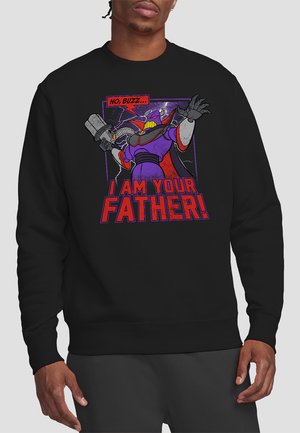 Black sweatshirt featuring a graphic of a character in a purple outfit with a red cape, holding a weapon, with bold text below.