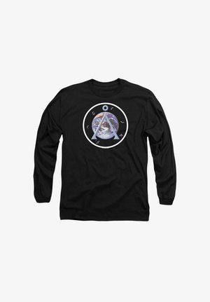 Schwarzes Langarmshirt mit einem kreisförmigen Grafikdesign der Erde, einem äußeren Ring und abstrakten Symbolen in kontrastierenden Farben.