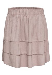 Světlé růžové sukně vyrobené z měkké, strukturované látky. Má elastický pas a tři vrstvené volány na lemu pro větší objem.