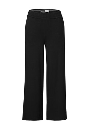 Schwarze, weit geschnittene Hose aus weichem Stoff, mit einem elastischen Bund und ohne sichtbare Taschen oder Verzierungen.
