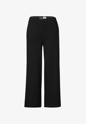 Black wide-leg pants made of soft fabric, featuring a stretchy waistband and no visible pockets or embellishments.