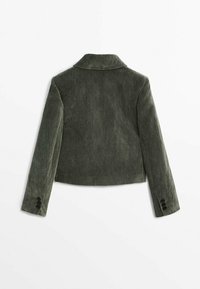 Dark green, cropped jacket made of textured fabric. Features a notched collar and buttoned cuffs with three black buttons on each sleeve.