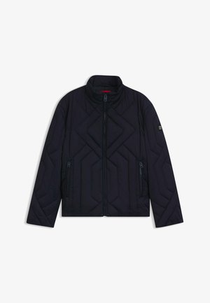 Dunkelblau gesteppte Jacke mit hohem Kragen, durchgehendem Reißverschluss, zwei seitlichen Reißverschluss-Taschen und einem subtilen geometrischen Stichmuster.