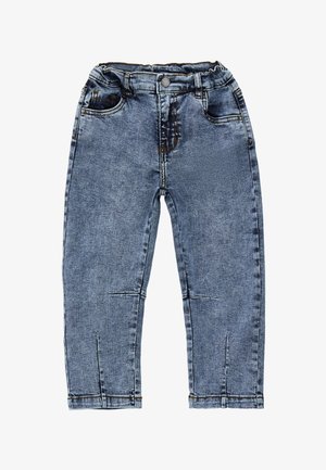 Jean en denim bleu pour tout-petit, avec taille élastique, bouton à l'avant, poches et détails cousus aux genoux sur un fond blanc.