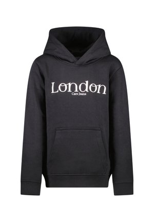 Zwarte hoodie met een buidelzak, ribgebreide manchetten en een trekkoord in de capuchon. "London" en "Cars Jeans" in het wit gedrukt op de voorkant.