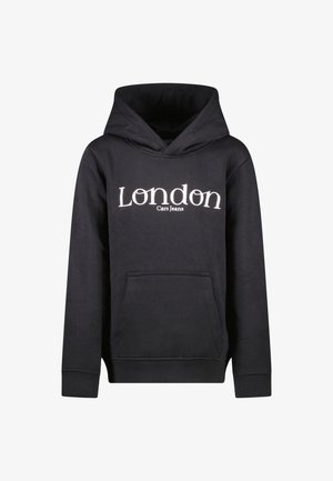 Haut à capuche noir avec poche kangourou, manches côtelées et capuche avec cordon de serrage. "London" et "Cars Jeans" imprimés en blanc à l'avant.