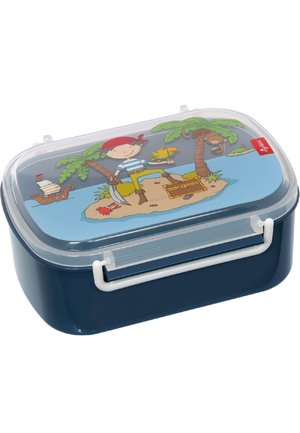 Blue rectangular lunchbox with a transparent lid featuring a pirate illustration, palm trees, and a treasure chest. White closure mechanism.