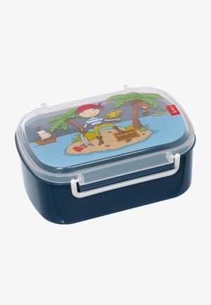 Blue rectangular lunchbox with a transparent lid featuring a pirate illustration, palm trees, and a treasure chest. White closure mechanism.