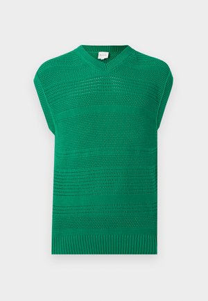 Gilet vert en tricot sans manches avec des motifs horizontaux texturés et un col en V côtelé ainsi qu'un ourlet côtelé.