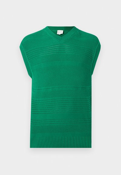 Gilet vert en tricot sans manches avec des motifs horizontaux texturés et un col en V côtelé ainsi qu'un ourlet côtelé.