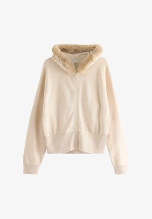 Beige zippull met lange mouwen en een capuchon gevoerd met zacht lichtbruin kunstbont.