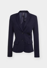 Mørkeblå skreddersydd blazer med krage, to frontlommer og knappelukking. Laget av glatt, vevd stoff med en strukturert passform.