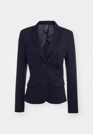 Navy blue tailored blazer with a notched collar, two front pockets, and button closure. Made from smooth, woven fabric with a structured fit.