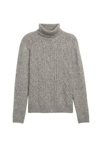 Grauer gestrickter Rollkragenpullover mit Kabelmuster und gerippten Bündchen, aus einem weichen, strukturierten Material und in lockerer Passform.
