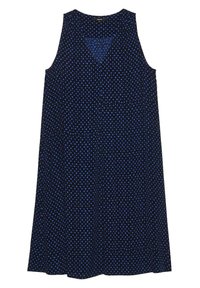 Ärmelloses Kleid aus dunkelblauem Stoff mit hellblauen Quadratmustern. Verfügt über einen V-Ausschnitt und eine lässige Silhouette. Weiche Textur.