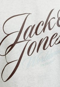 Jasnoszara bluza z dużymi, ciemnobrązowymi, kursywą napisami "Jack & Jones" oraz "Worldwide Originals" w jaśniejszym odcieniu niebieskiego.