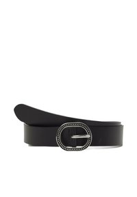 Ceinture en cuir noir avec une boucle en argent arrondie ornée d'une bordure cloutée décorative. Texture lisse, avec un design à extrémité effilée.