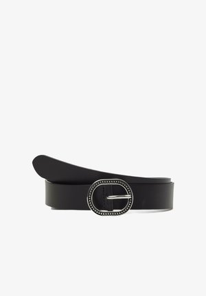 Mustva nahkalevy, millel on ümar hõbeotsik, millel on dekoratiivne poolte näitav äär. Sile tekstuur, kitseneva otsaga disain.