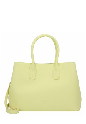 Prostokątna torba na ramię w jas yellow skórze, z dwoma uchwytami u góry, gładką teksturą i regulowanym paskiem na ramię.