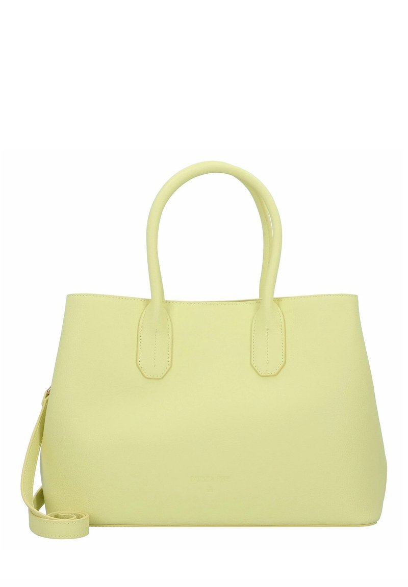 Borsa tote rettangolare in pelle gialla chiara, con due manici superiori, texture liscia e tracolla regolabile.