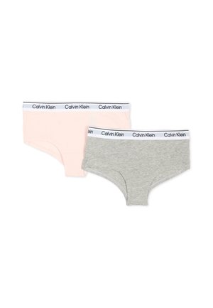 Dwie kobiece majtki typu hipster Calvin Klein w jasnoróżowym i szarym kolorze z białymi elastycznymi pasami z logo na białym tle.
