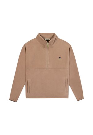 Beiger Fleecepullover mit Viertel-Reißverschluss, hohem Kragen, zwei Seitentaschen und kleinem Baum-Logo auf der linken Brustseite.
