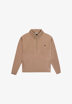 Beige quarter-zip fleece pullover with high collar, two side pockets, and small tree logo on the left chest.