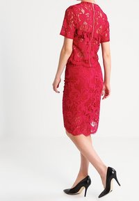 Abito rosso di pizzo con maniche corte e silhouette aderente, caratterizzato da motivi floreali e una cerniera sul retro. Mostrate scarpe nere con tacco alto.
