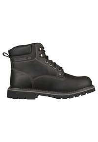 Botas de trabajo de cuero negro con seis ojales metálicos, collar acolchado y suela de goma gruesa. Presentan costuras reforzadas y un acabado texturizado.
