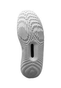 Witte schoenzool met een getextureerd golfpatroon. Bevat een centraal zwart logo-inzetstuk dat grip en tractie design verbetert.