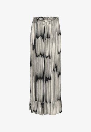 Pantalons larges noir et blanc avec un motif texturé à rayures, une taille élastique froncée et des détails à ourlet effiloché.