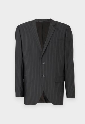 Černý sako s jemným proužkem, dvouřadým zapínáním, klopovými límci, bočními kapsami, jednou náprsní kapsou a podšívkou. Přizpůsobený střih.